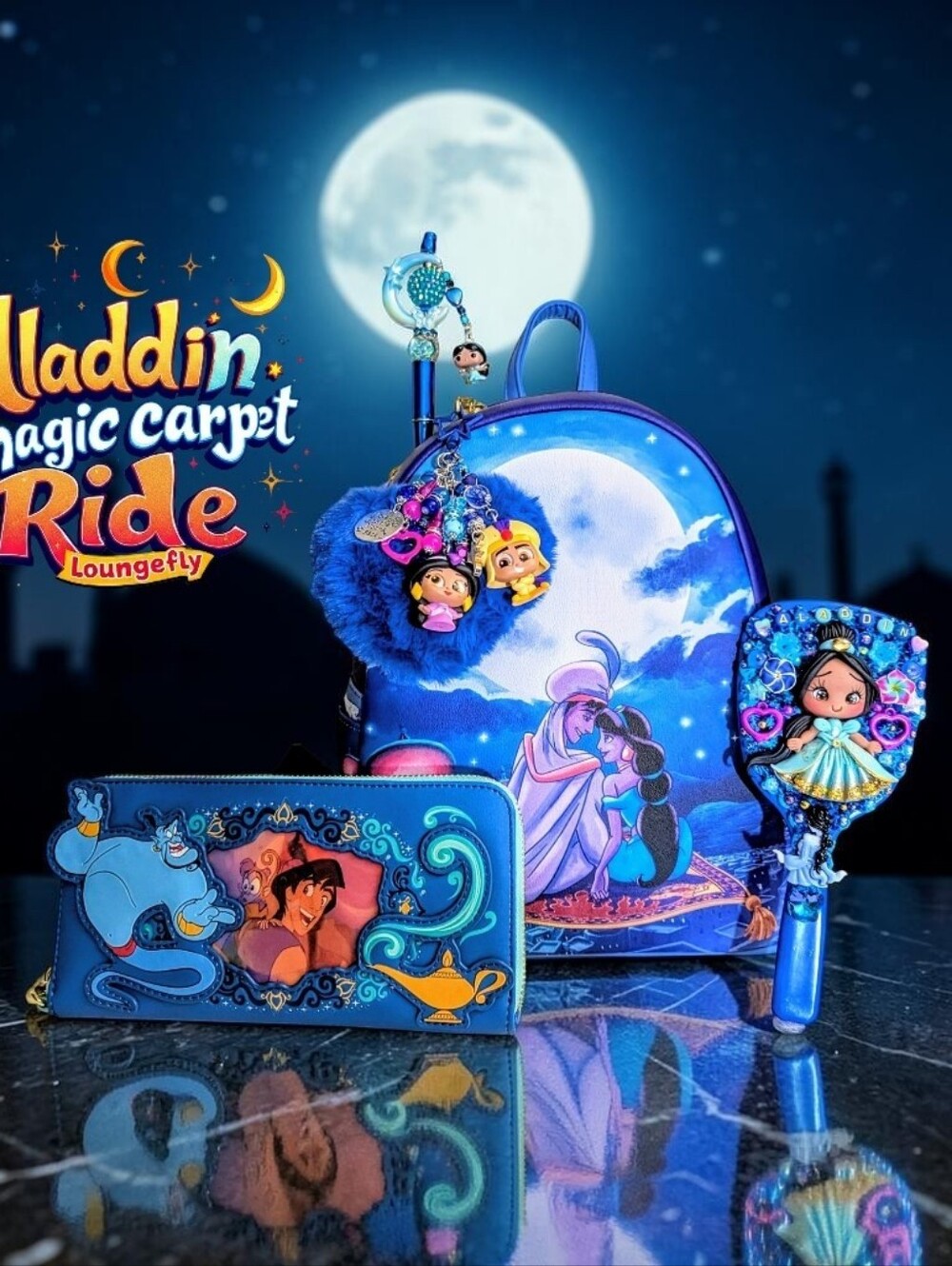 Loungefly Disney Aladdin Jasmine LenticularMini Backpack,wallet,Charm,Mirror&Pen